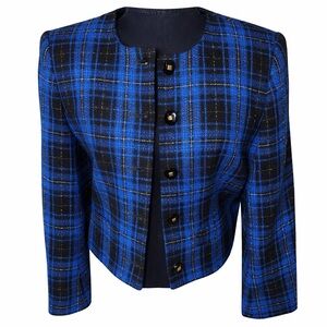 Vintage Petite Sophisticate Blue‎ Plaid Cropped Jacket 90s Preppy Blazer